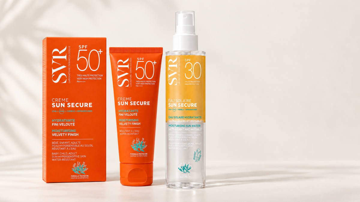 SVR Sun Secure sun care products on a clean pastel surface