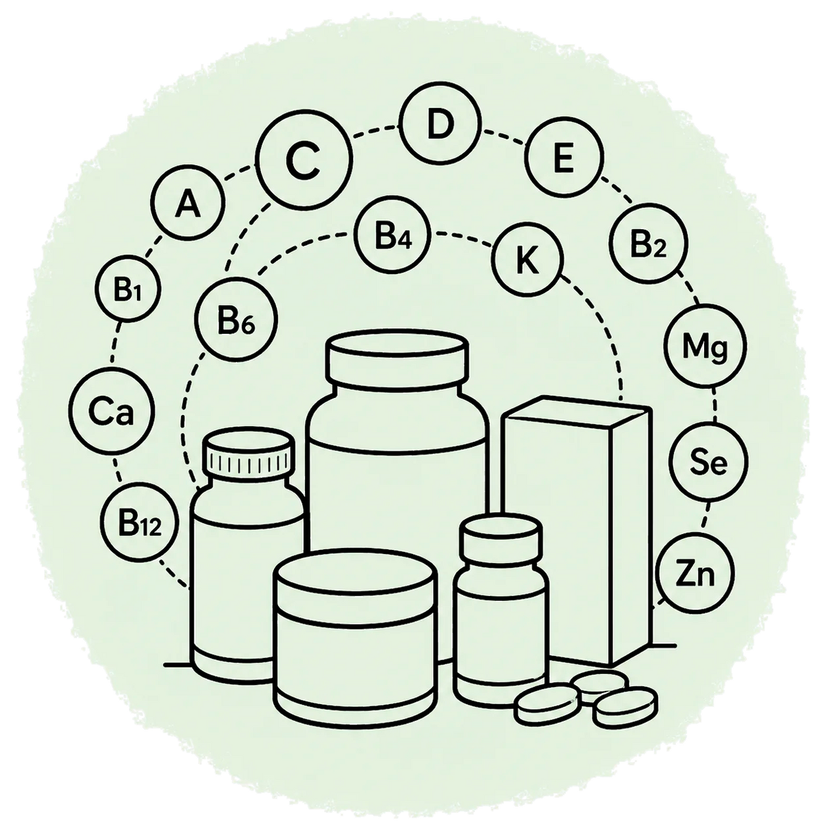Supplement containers surrounded by vitamin and mineral symbols