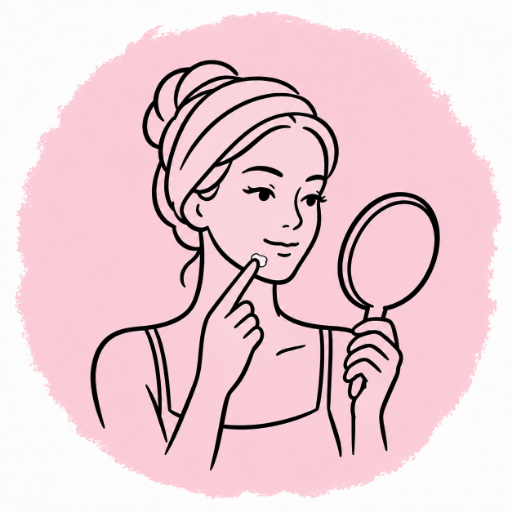 Woman applying targeted face care while looking in a hand mirror