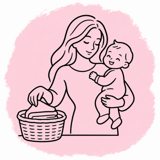 Mother holding her dressed baby beside a basket of folded cloth nappies
