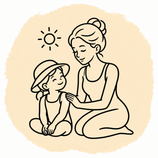 Mother applying sunscreen to a child in a sun hat