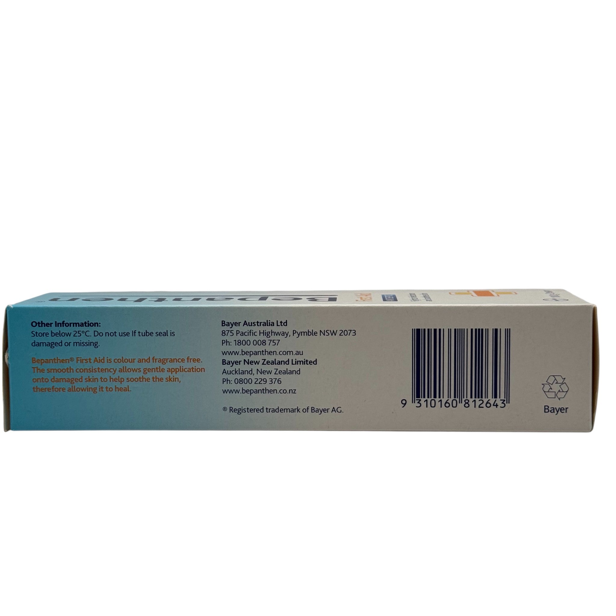 Bepanthen First Aid Cream 100g packaging with EAN 9310160812643