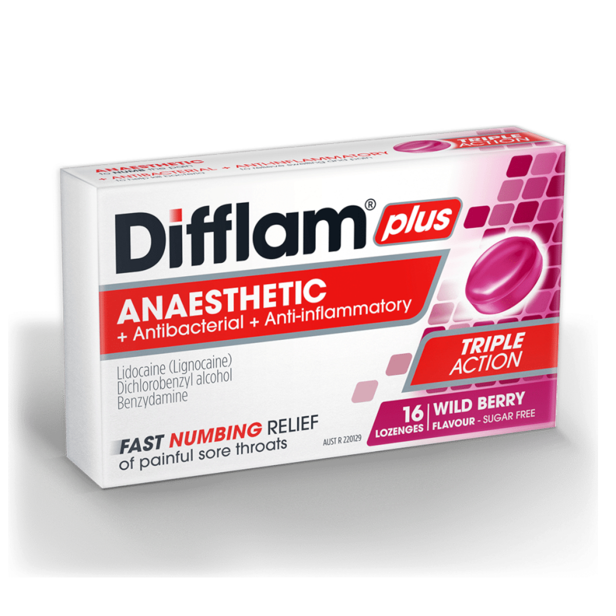 Difflam Plus Anaesthetic Lozenges Wild Berry 16 Pack – Triple Action Numbing Relief | UpoLife®