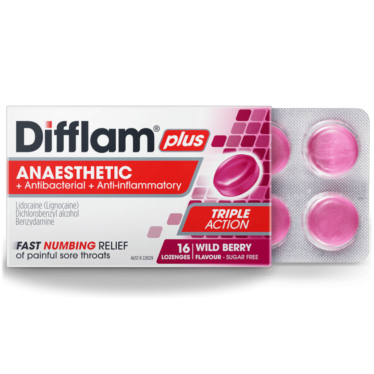 Difflam Plus Anaesthetic Lozenges Wild Berry 16 Pack – Triple Action Numbing Relief | UpoLife®