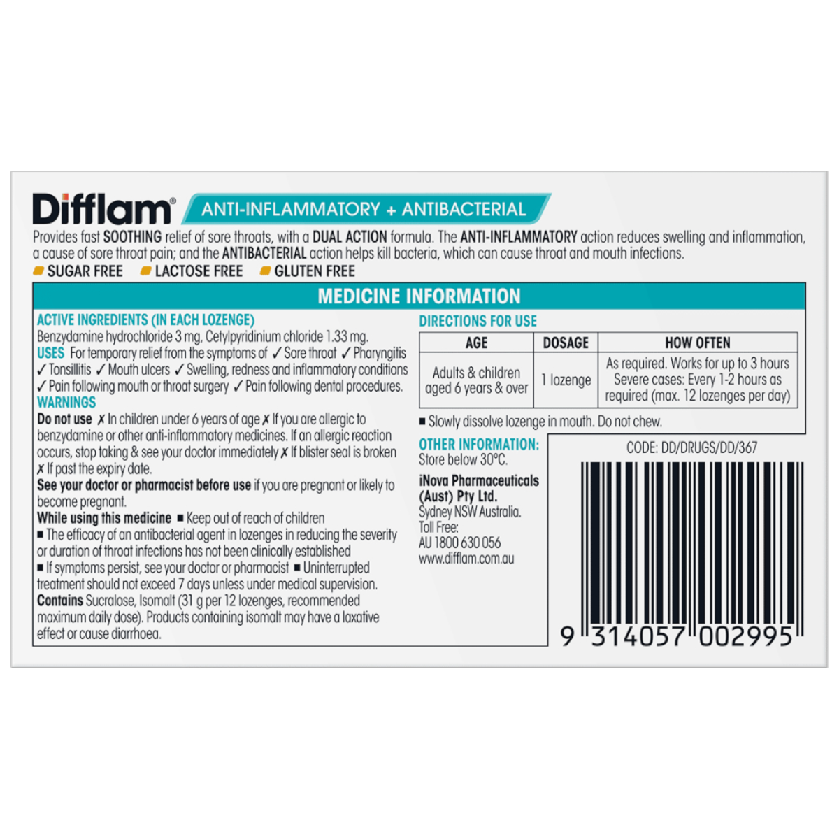Difflam Honey & Lemon Lozenges 16 | Dual Action Soothing Relief UpoLife