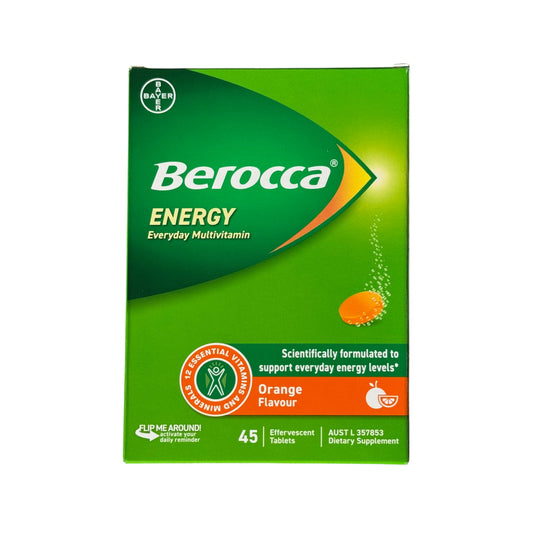 Berocca Energy Orange 45 Effervescent Tablets – Flat Lay Packaging