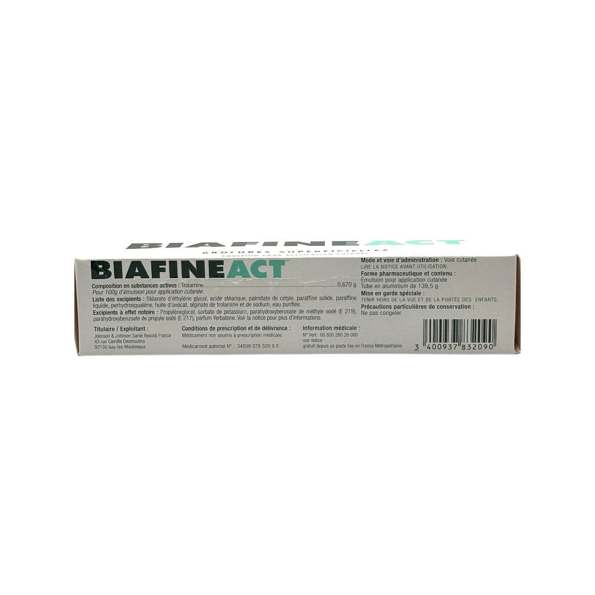 Biafine Act emulsion 139.5g back of box with information