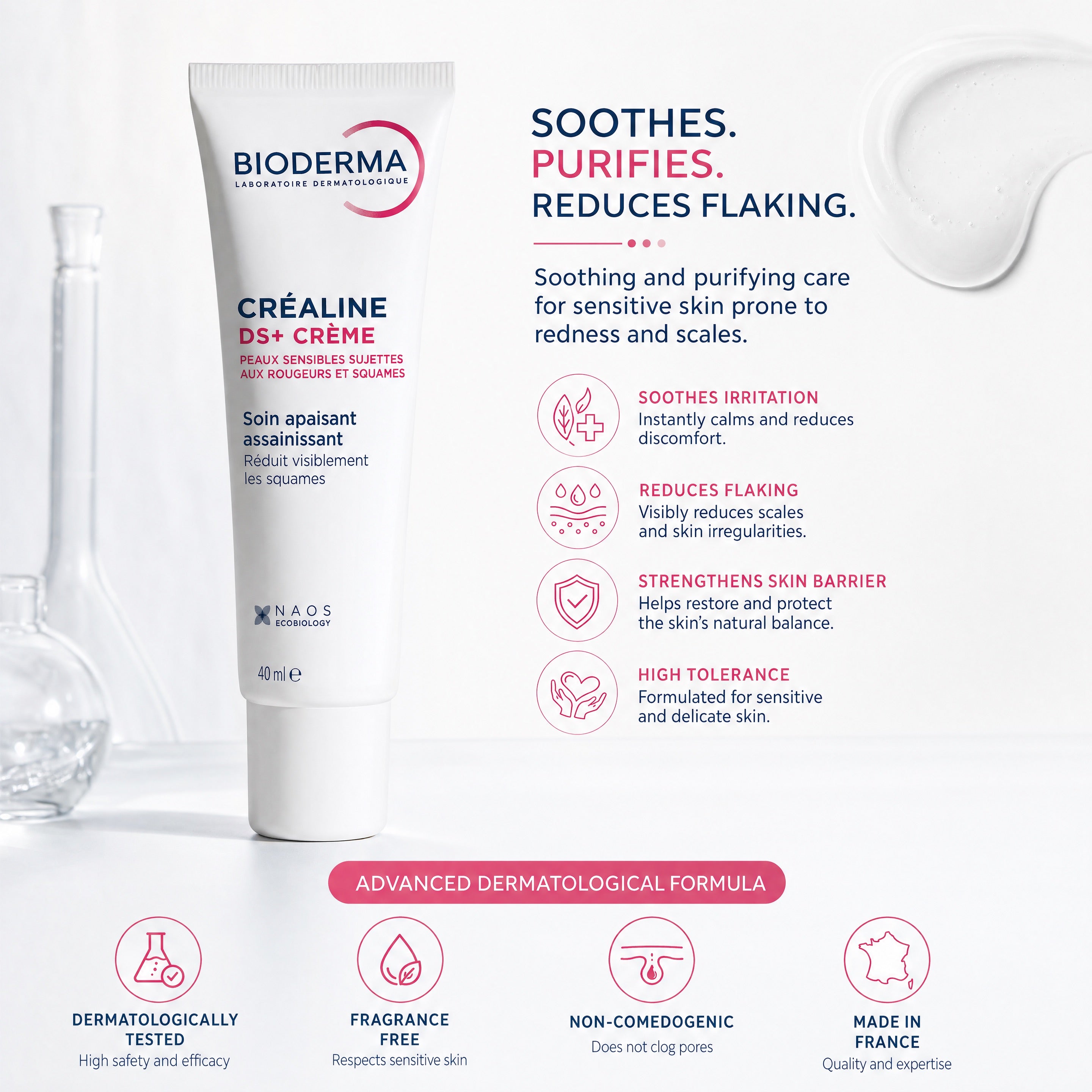 Bioderma Crealine DS+ Cream benefits infographic showing soothing care, redness relief, reduced flaking and skin barrier support