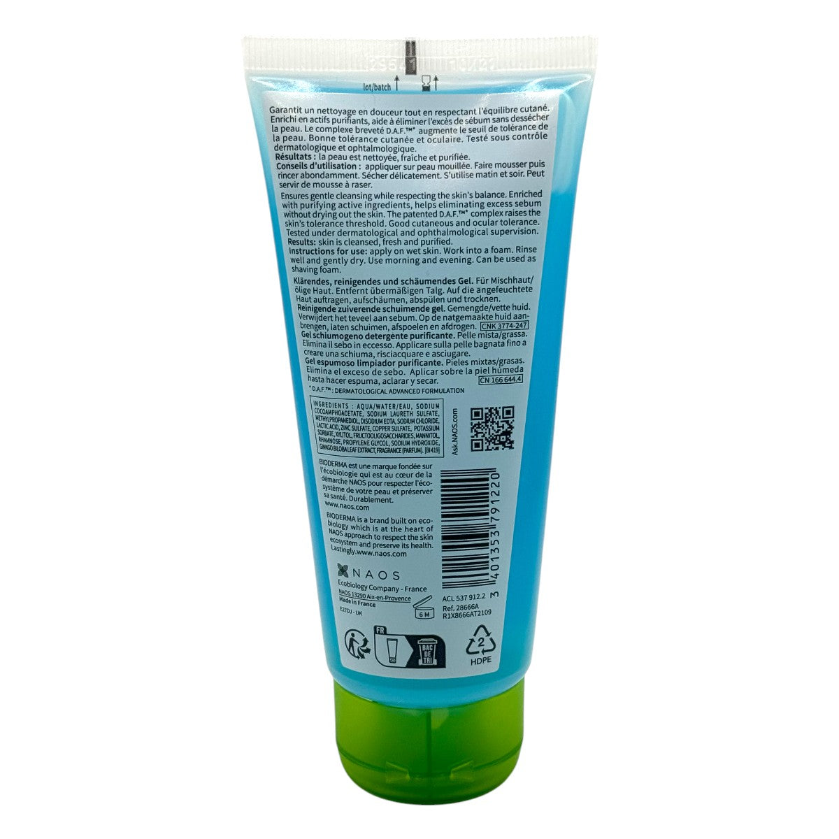 Bioderma Sébium Foaming Gel 100ml back of tube with ingredients