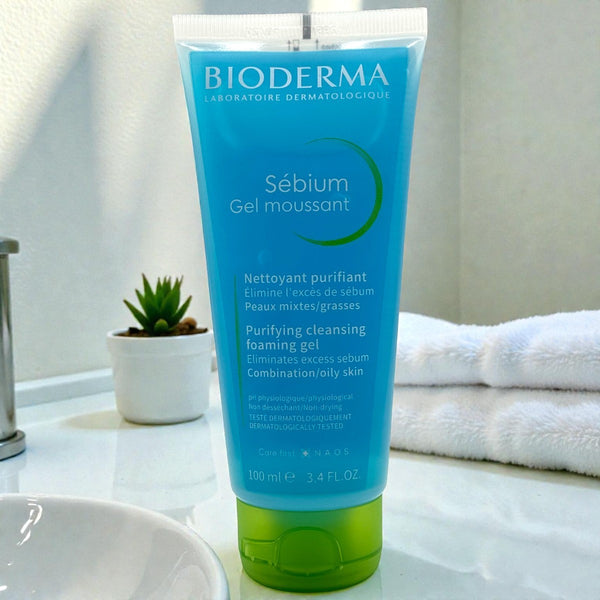 Bioderma Sébium Purifying Foaming Gel cleanser 100ml packaging in bathroom