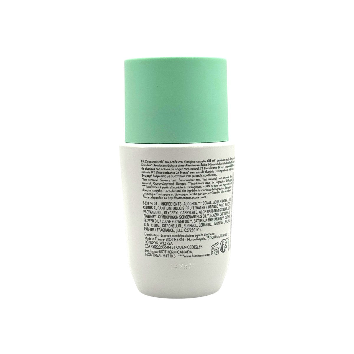Back of Biotherm Deo Pure Natural Protect roll-on showing ingredients text