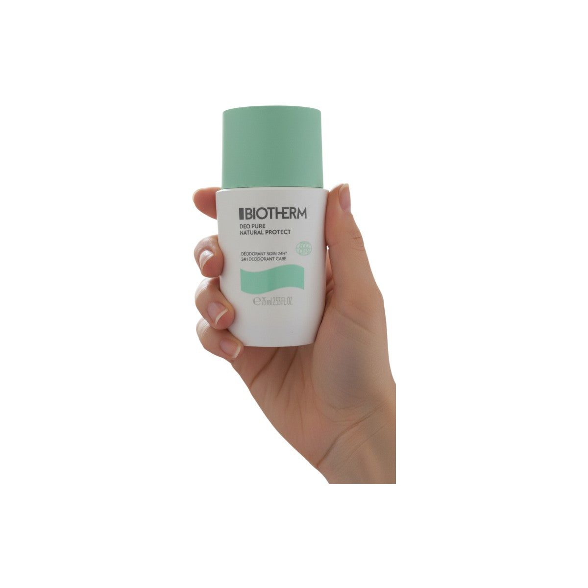 Biotherm Deo Pure Natural Protect 24H deodorant roll-on 75ml front view in hand