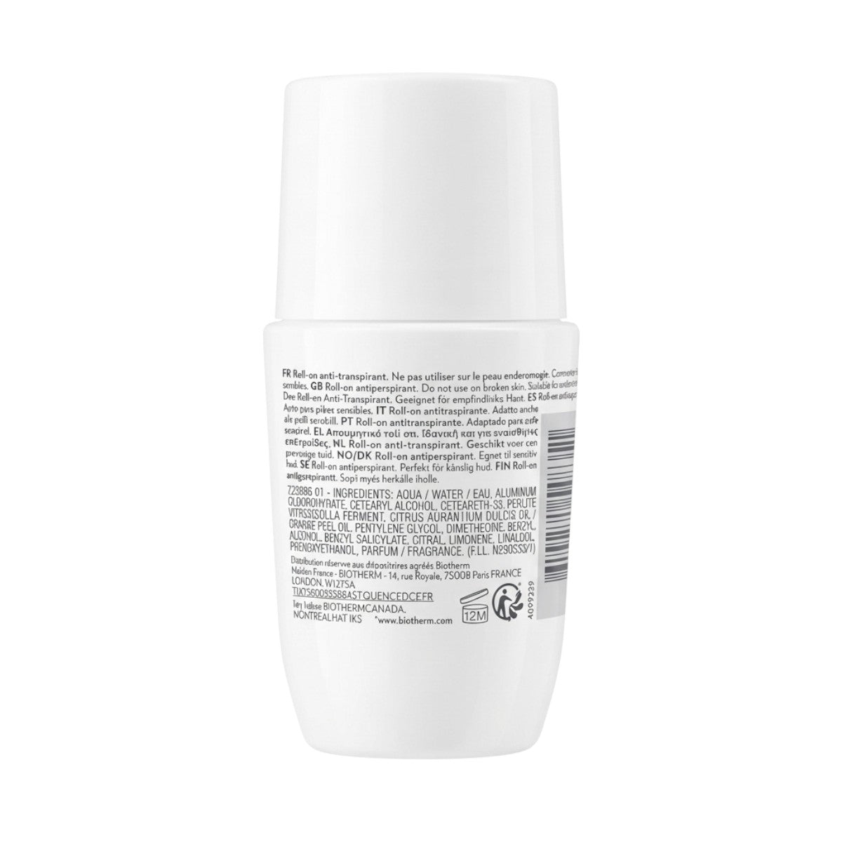 Biotherm Lait Corporel Roll-On Deodorant 72H back of bottle with ingredients and details