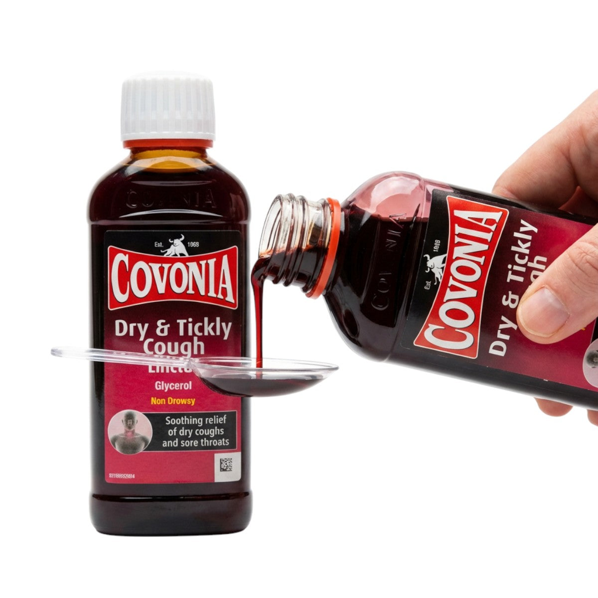 Covonia Dry & Tickly Cough Linctus bottle in use