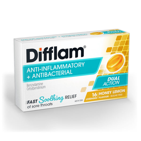 Difflam Dual Action Honey Lemon Sugar Free Lozenges 16 – Front