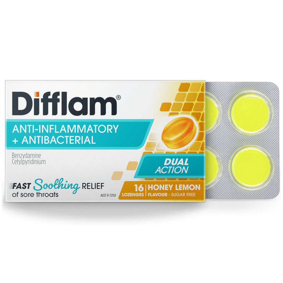 Difflam Dual Action Honey Lemon Sugar Free Lozenges 16 – Box & Blister