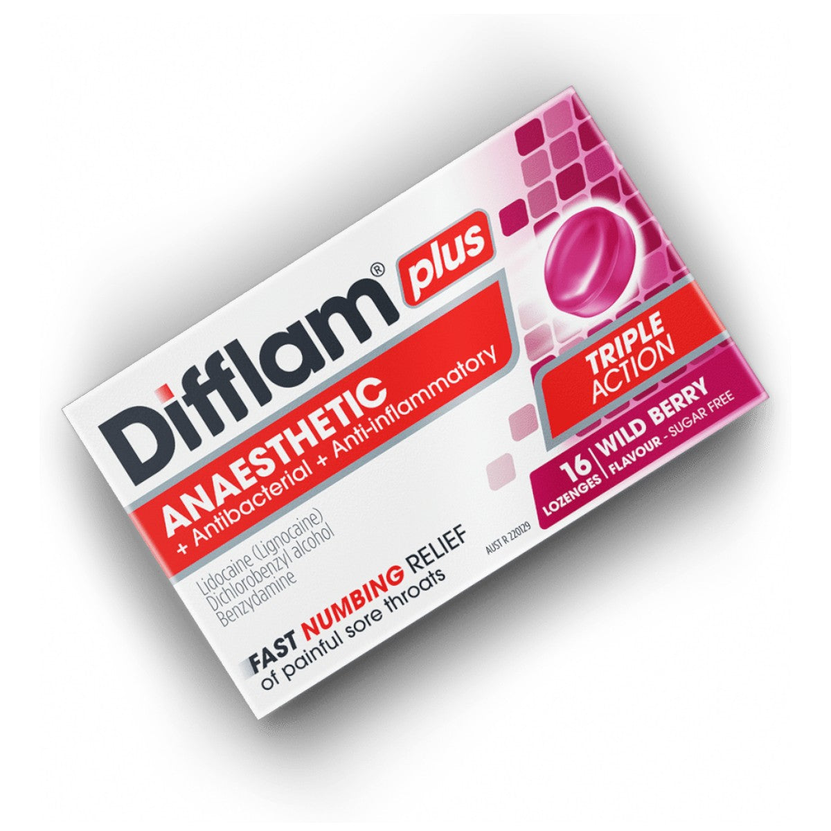 Difflam Plus Triple Action Wild Berry Lozenges 16 Count – Box Angle View