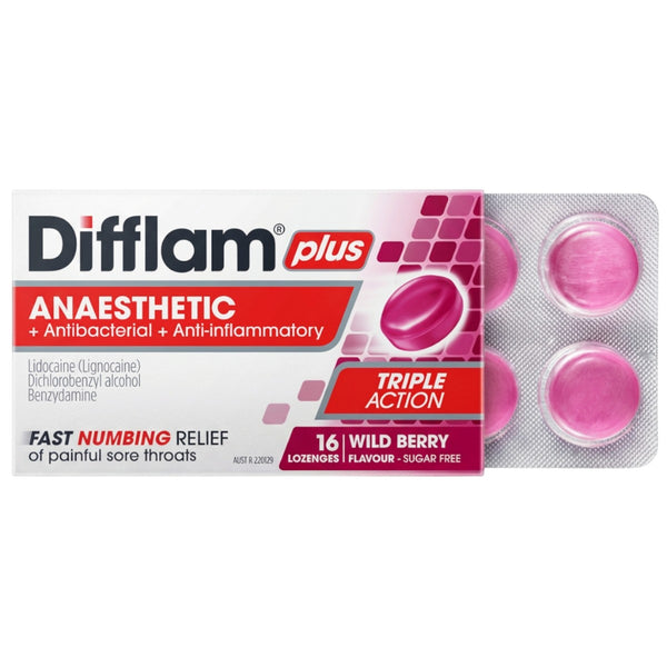 Difflam Plus Triple Action Wild Berry Lozenges – Individual Lozenges in Blister Pack