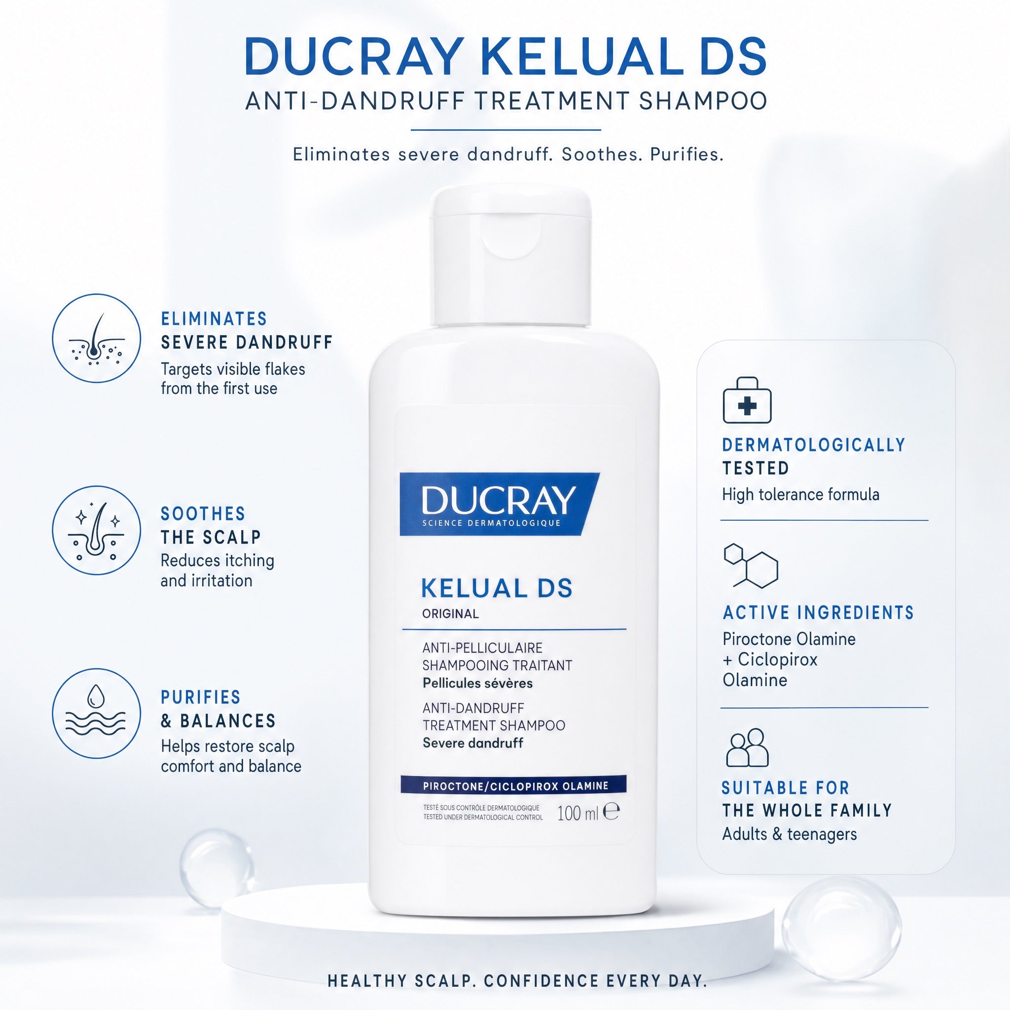 Ducray Kelual DS Anti-Dandruff Treatment Shampoo 100ml benefits with piroctone olamine and ciclopirox olamine