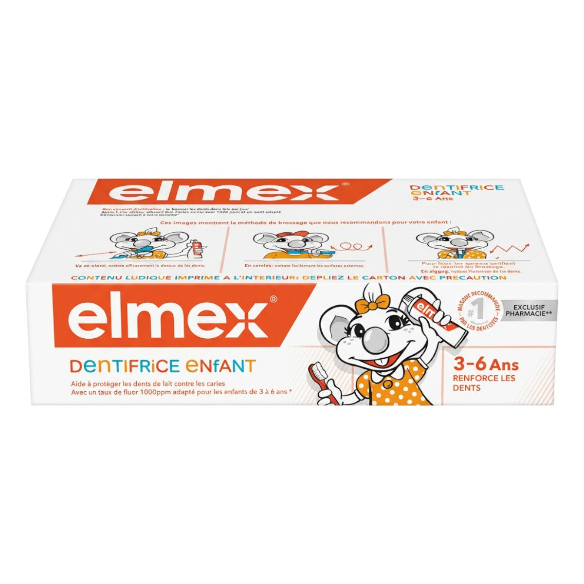 Elmex kids toothpaste box showing brushing instructions for children aged 3–6