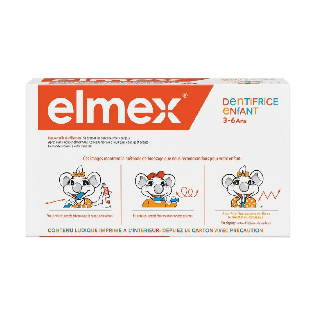 Elmex kids toothpaste duo pack back view with ingredients and recycling details