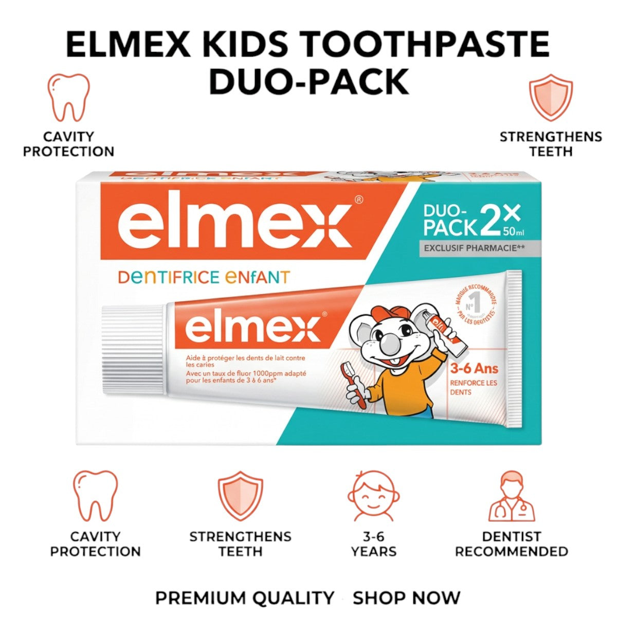 Elmex kids toothpaste duo pack benefits, cavity protection, strengthens teeth, ages 3–6