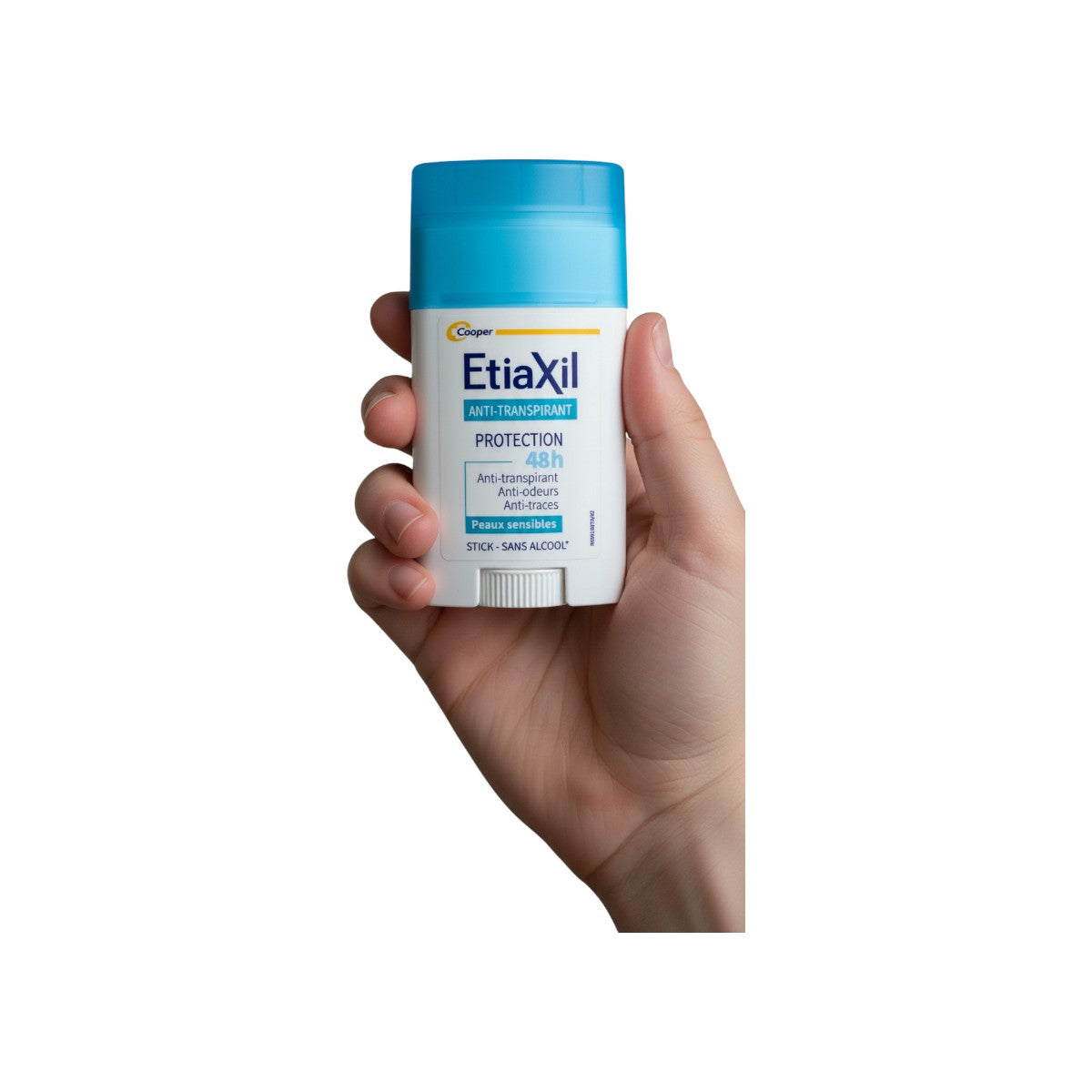 Front view in hand Etiaxil Anti-Transpirant Stick 48h for Sensitive Skin 40g