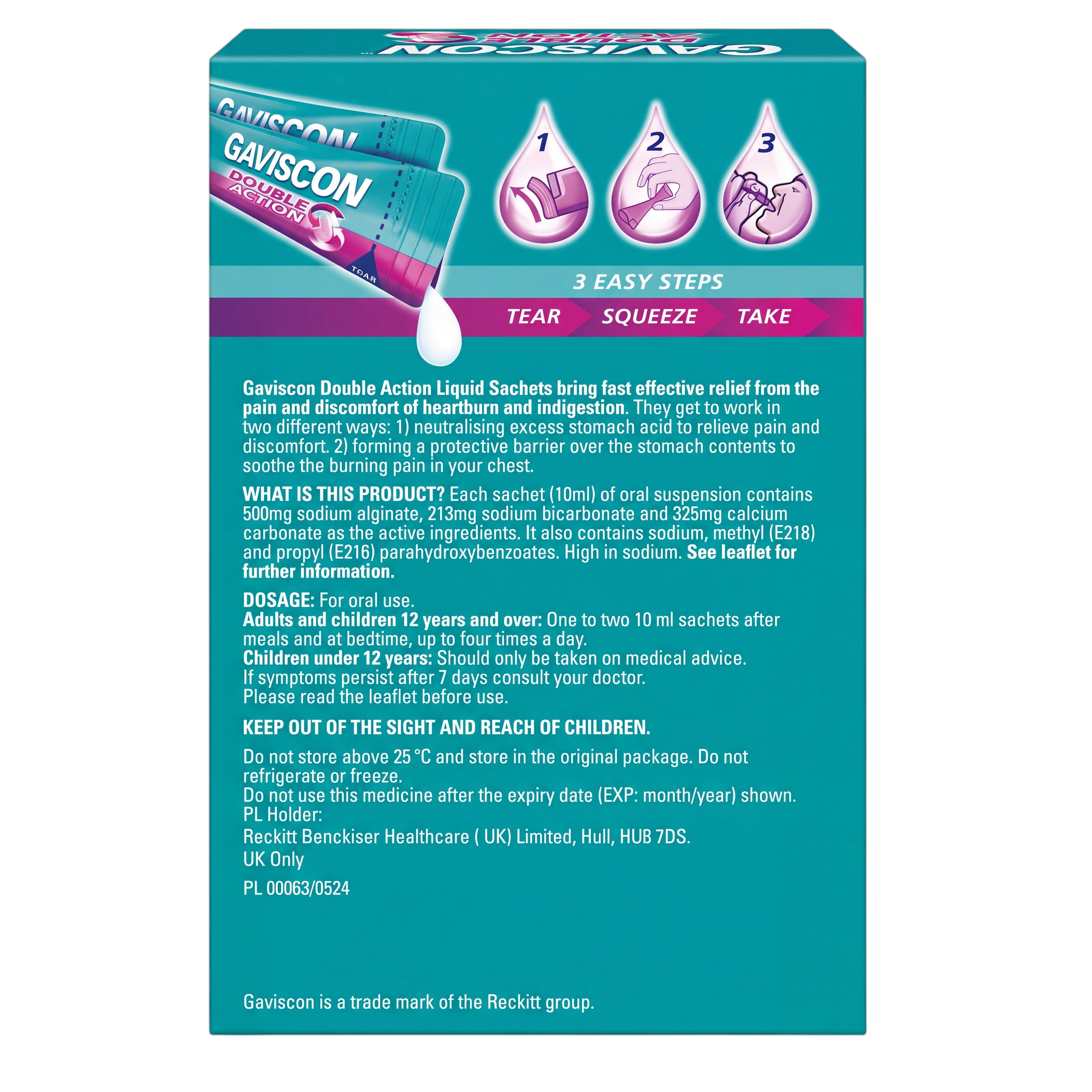 Gaviscon Double Action Liquid Sachets Mint Flavour 12 x 10 ml – Back Directions