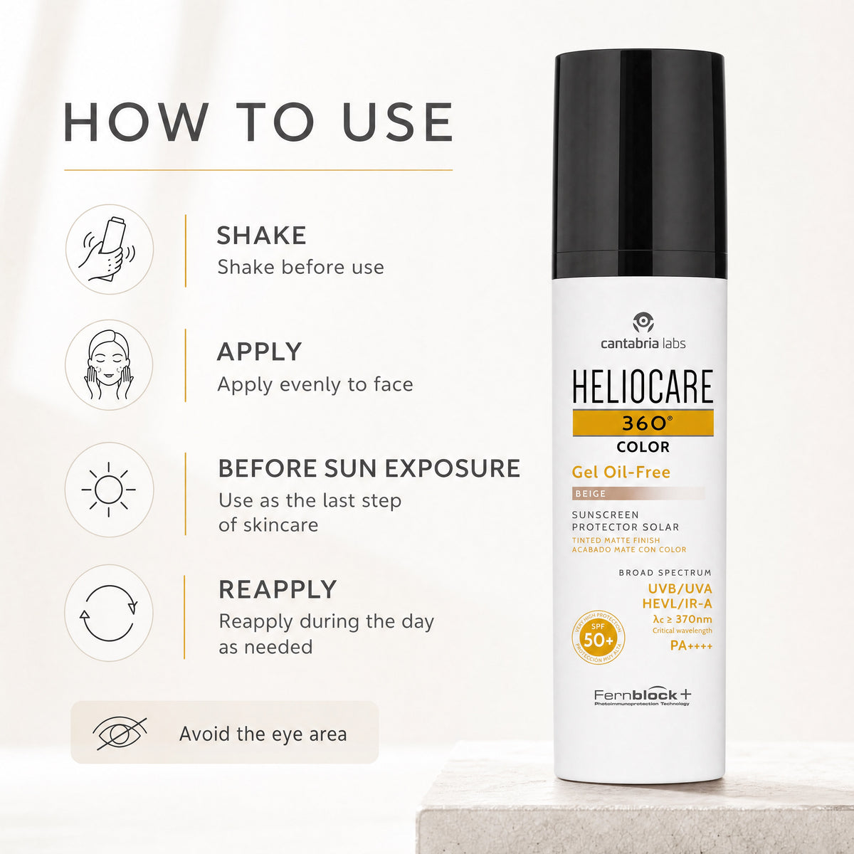 Heliocare 360 Color Gel Oil-Free Beige SPF 50+ – How to Use