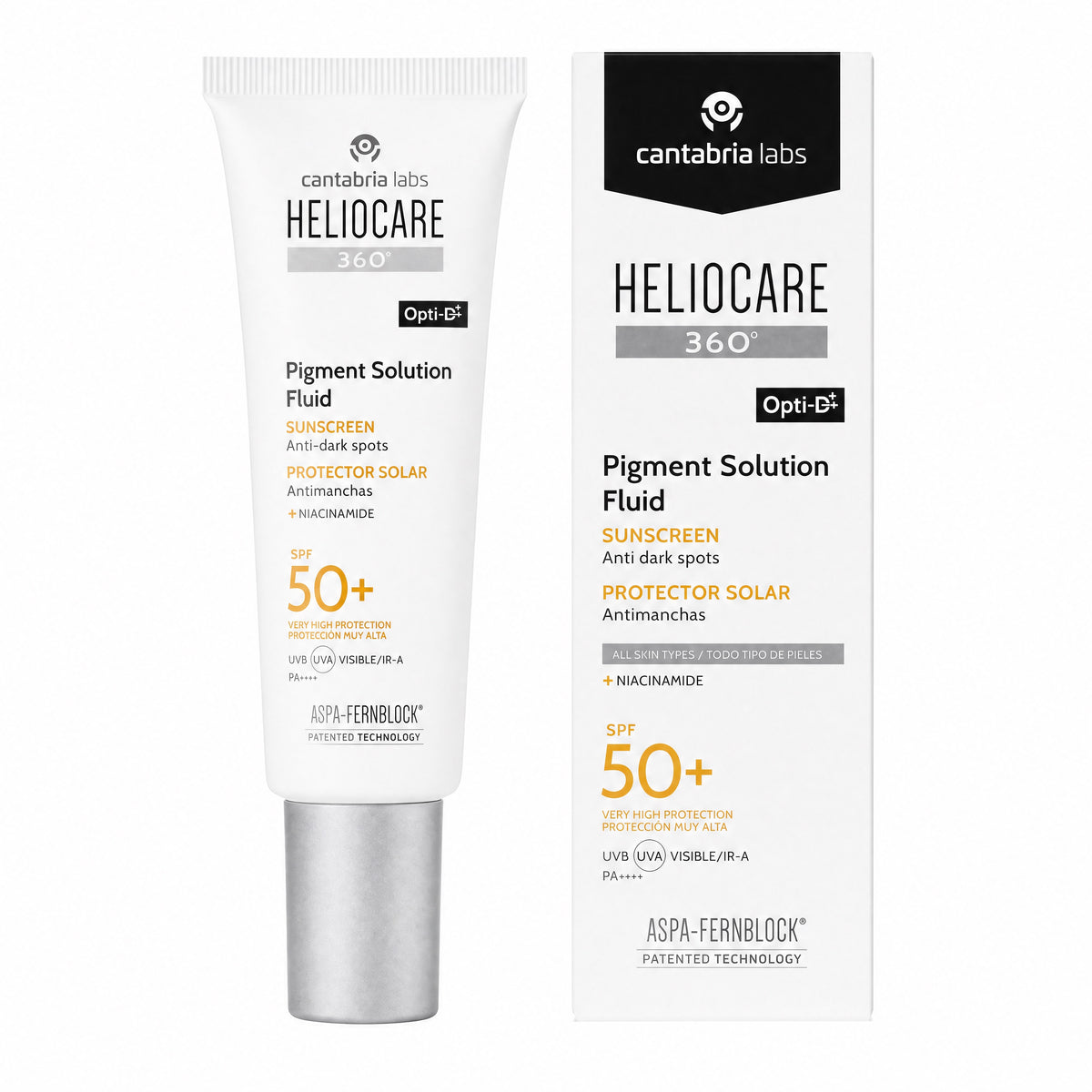 Heliocare 360 Pigment Solution Fluid SPF 50+ 50ml – Tube and Box Front