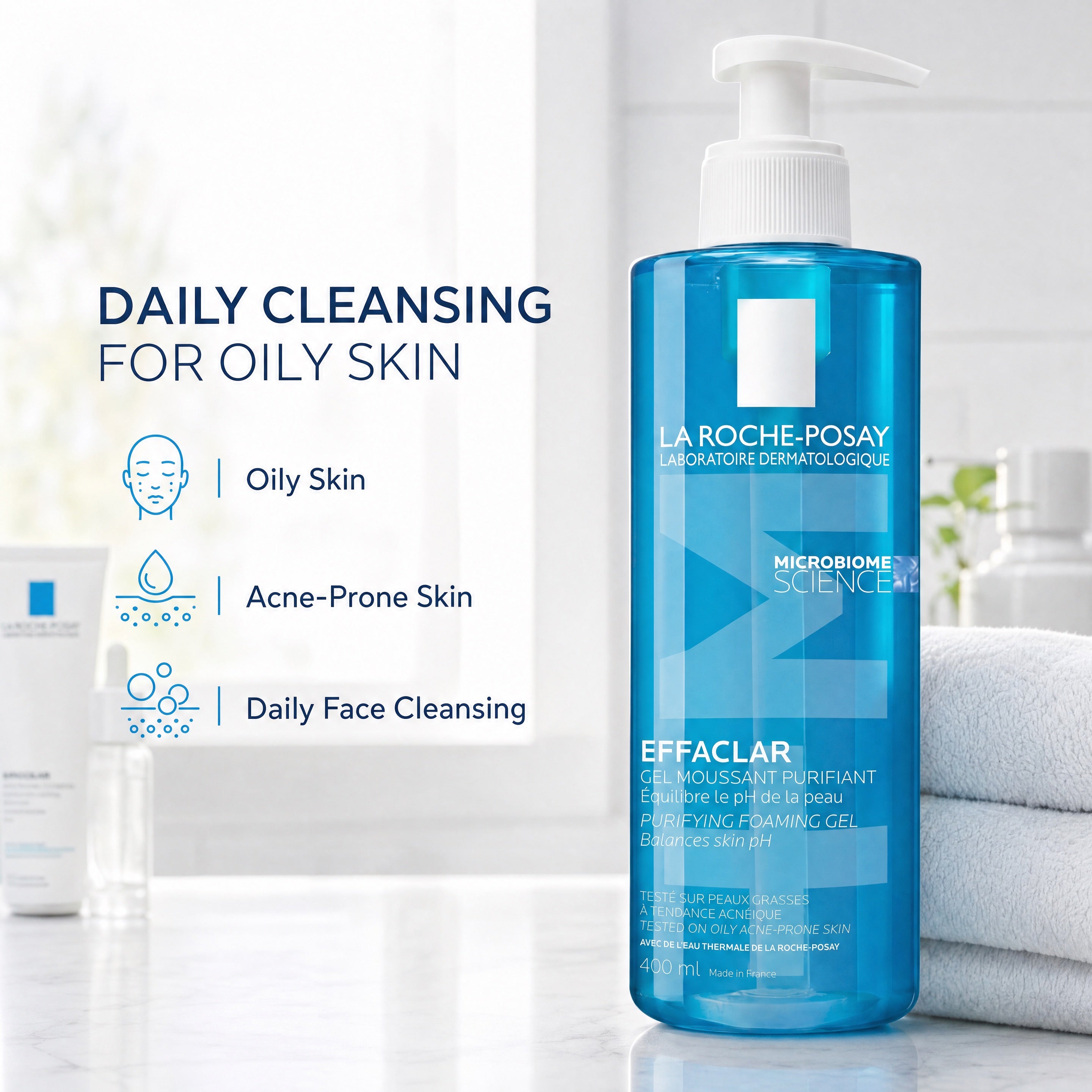 La Roche-Posay Effaclar daily face cleansing gel for oily and acne-prone skin, 400ml pump bottle