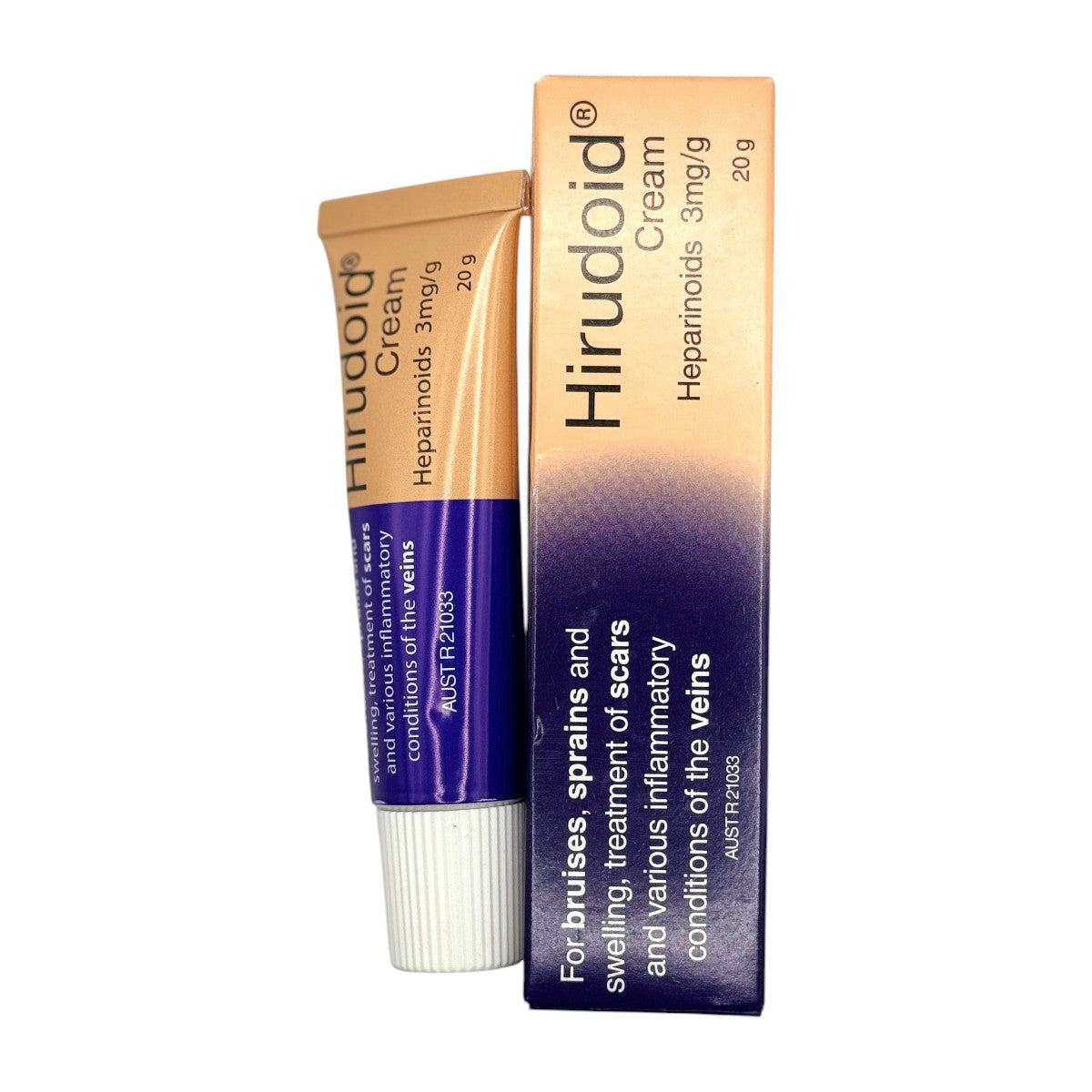 Hirudoid Cream 20g tube and carton on white background