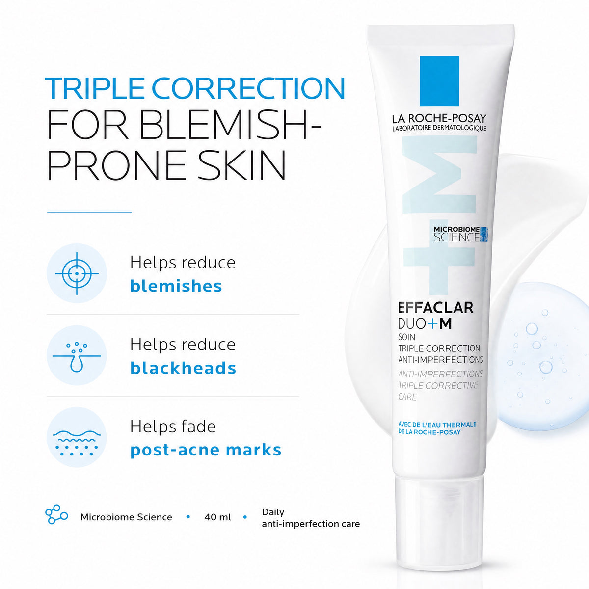 La Roche-Posay Effaclar Duo+M 40 ml – triple correction for blemish-prone skin infographic