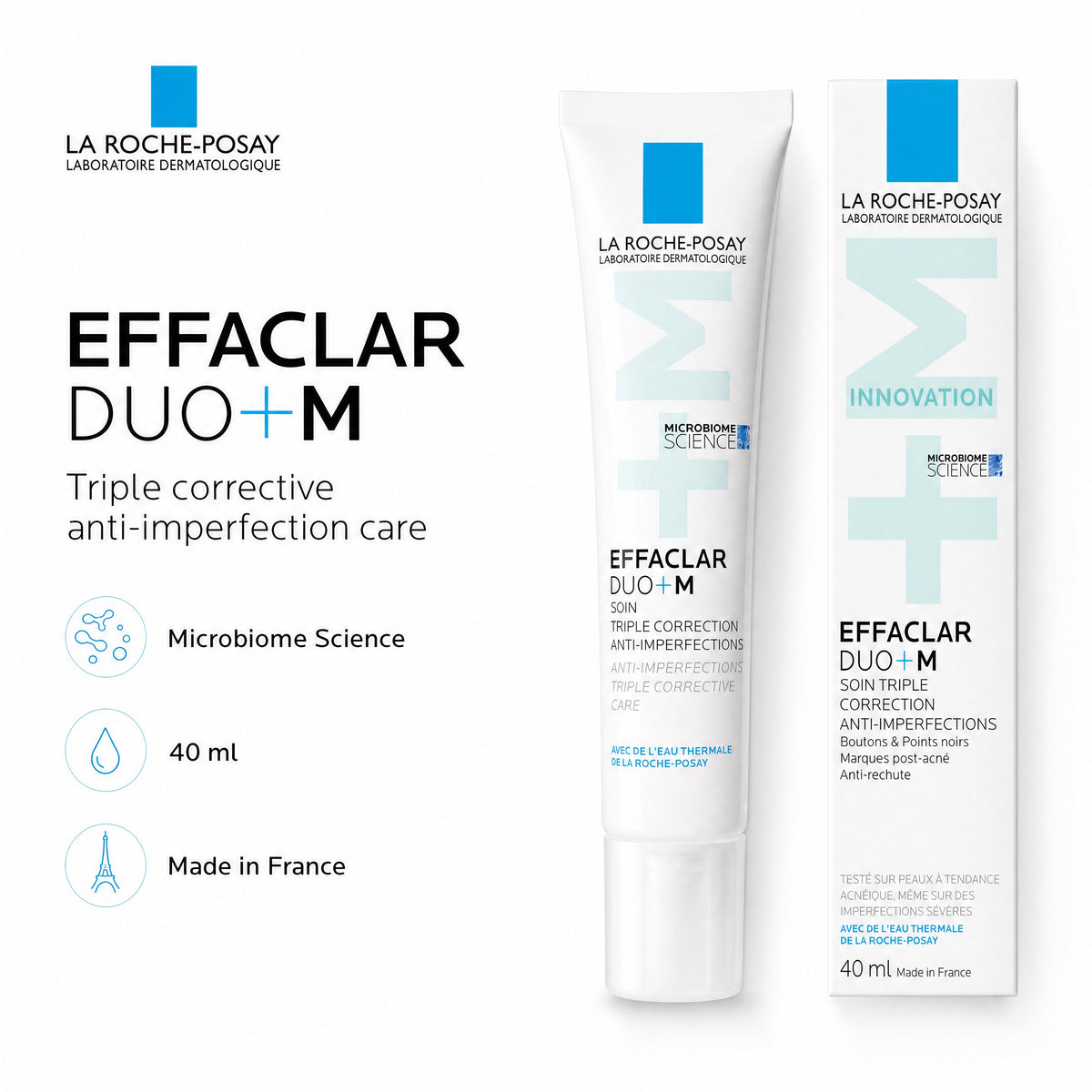 La Roche-Posay Effaclar Duo+M 40 ml – tube and box with Microbiome Science and Made in France infographic