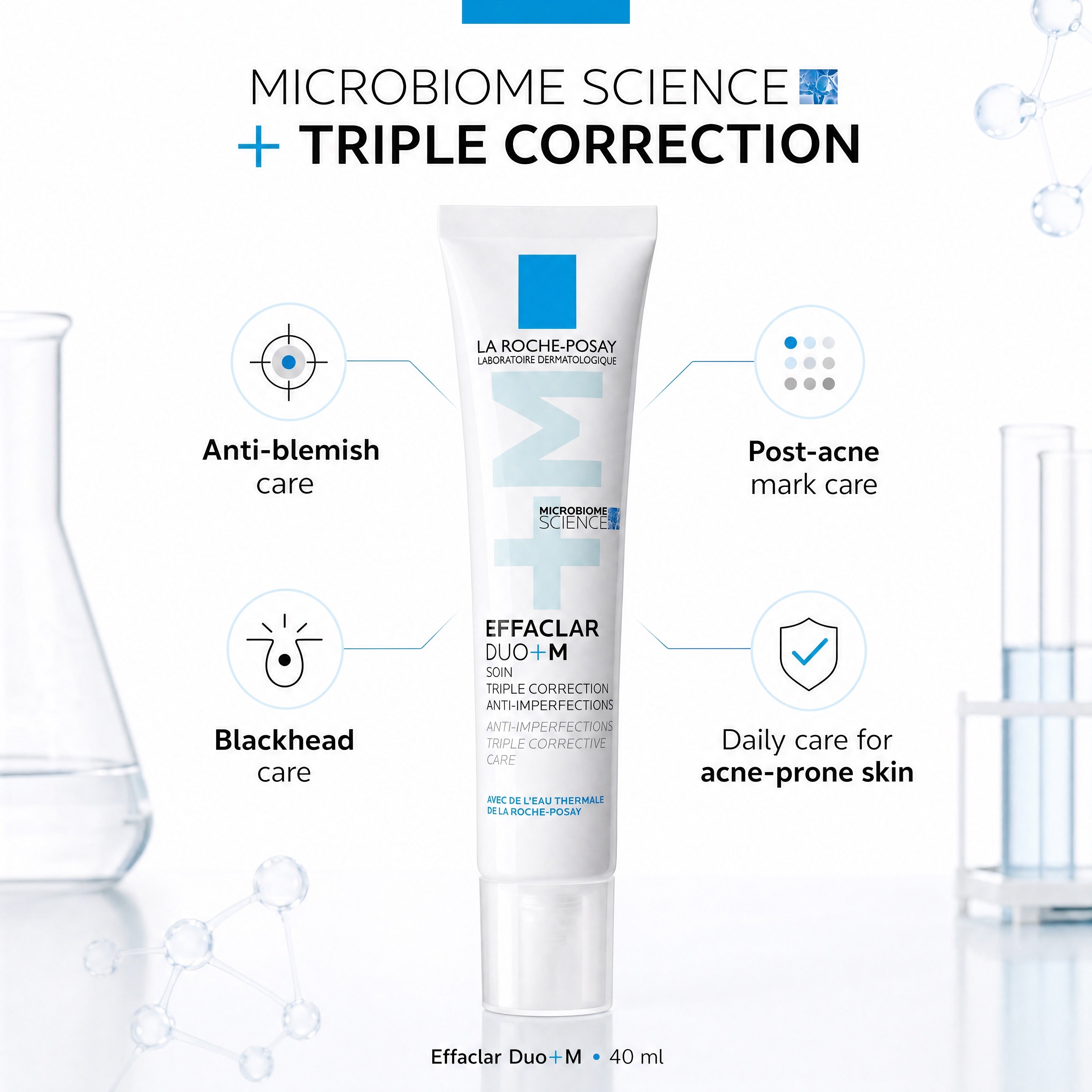 La Roche-Posay Effaclar Duo+M 40 ml – Microbiome Science and triple correction skincare infographic