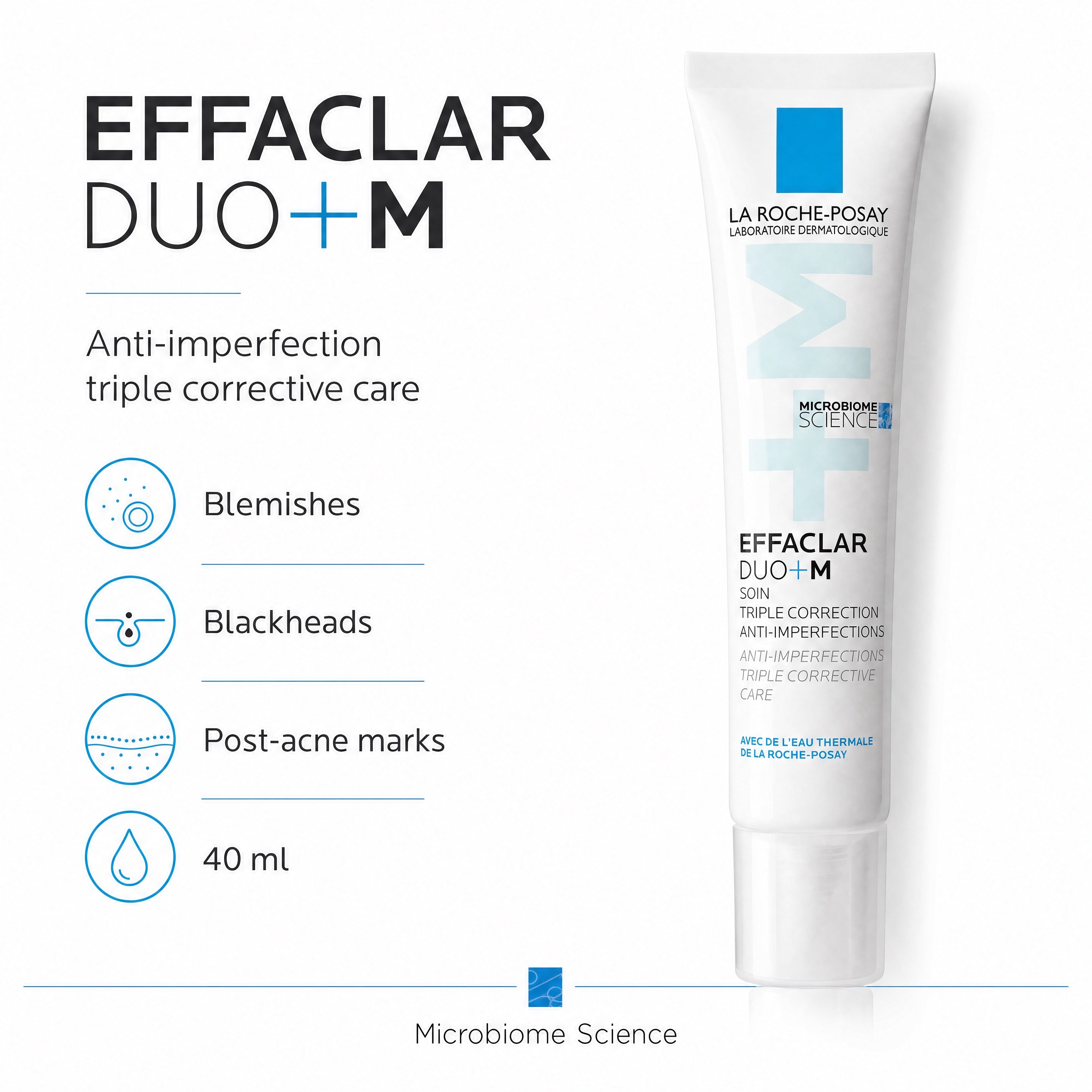 La Roche-Posay Effaclar Duo+M 40 ml – key benefits summary for blemishes, blackheads and post-acne marks