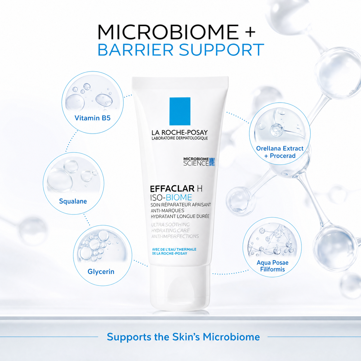 La Roche-Posay Effaclar H ISO-BIOME 40 ml microbiome and skin barrier support formula ingredient infographic