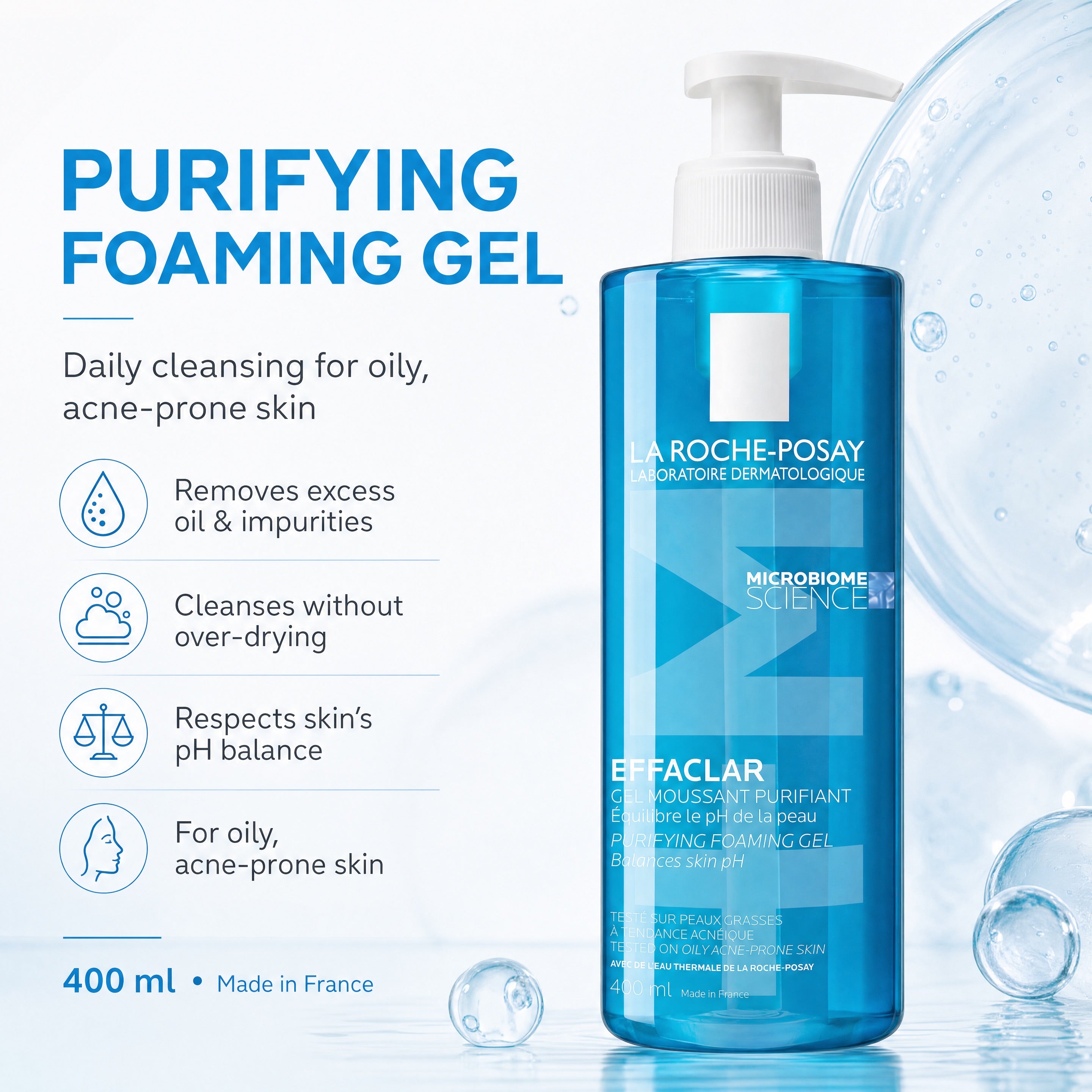La Roche-Posay Effaclar Purifying Foaming Gel 400ml benefits for oily acne-prone skin, excess oil cleansing and pH balance