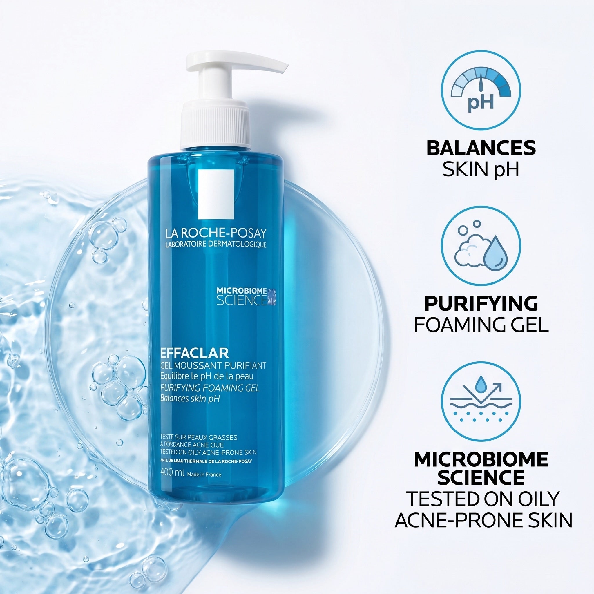 La Roche-Posay Effaclar Purifying Foaming Gel with skin pH balancing care and Microbiome Science