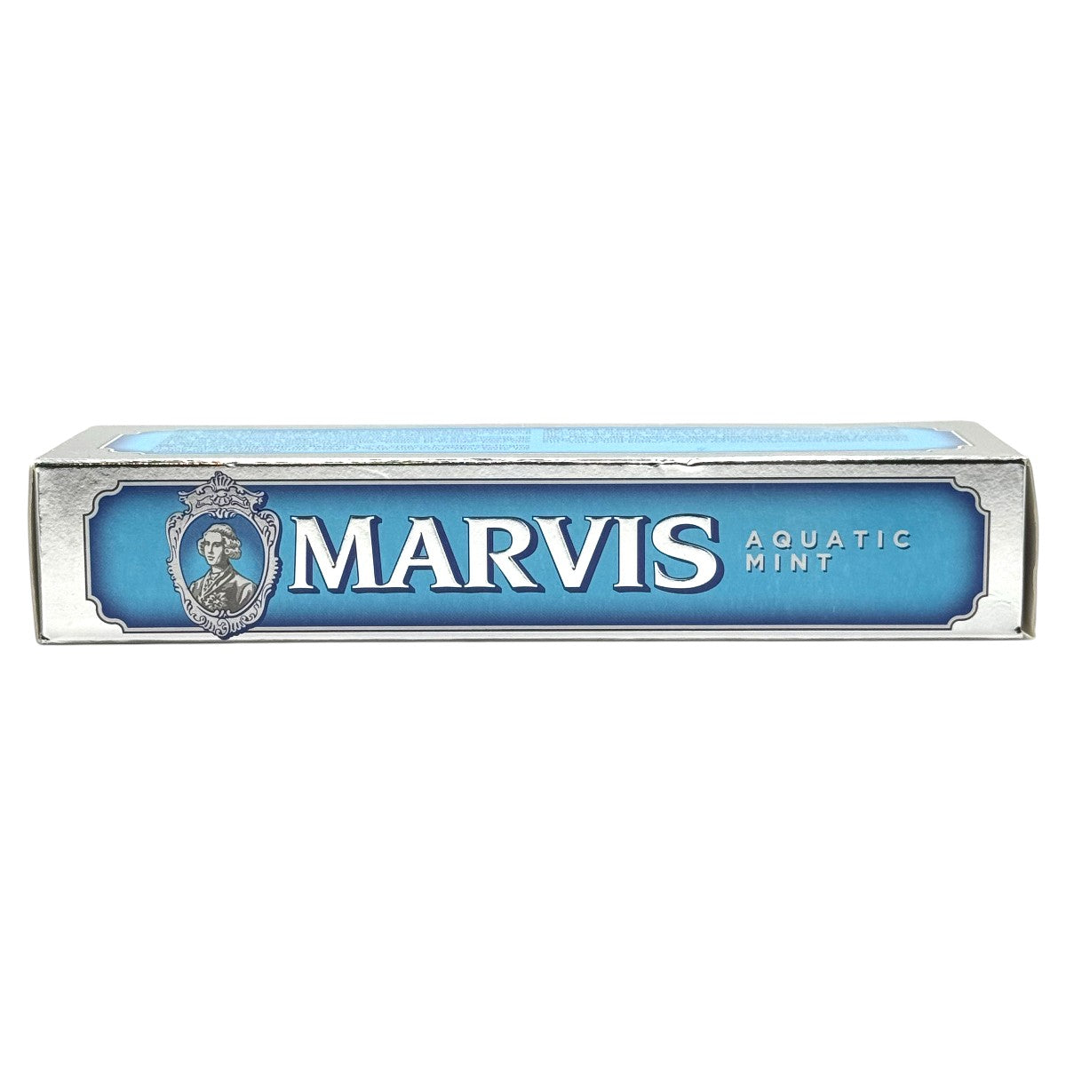 Marvis Aquatic Mint toothpaste tube standing upright