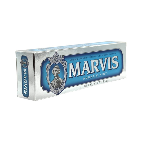 Marvis Aquatic Mint toothpaste tube – angled view