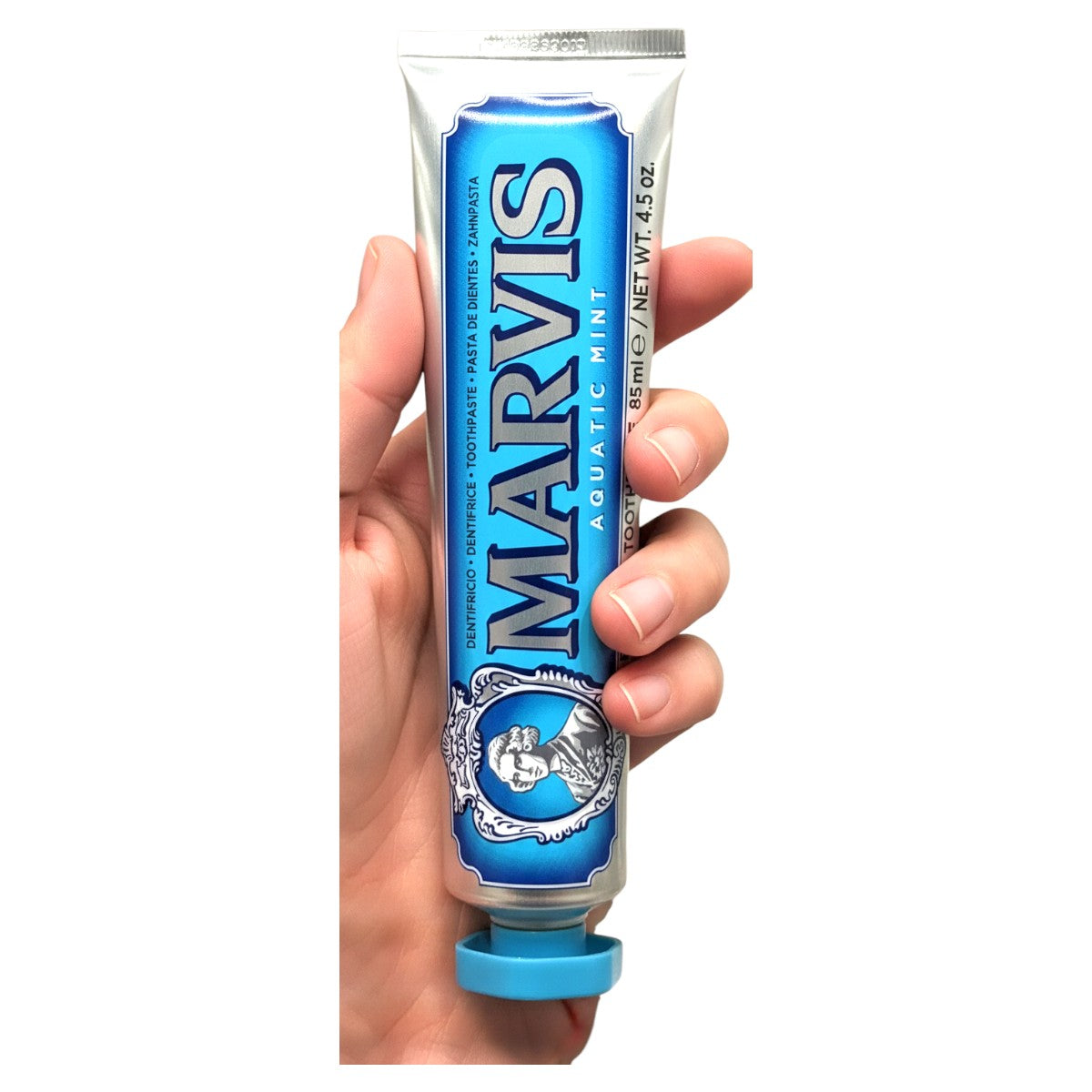 Marvis Aquatic Mint toothpaste tube – in hand