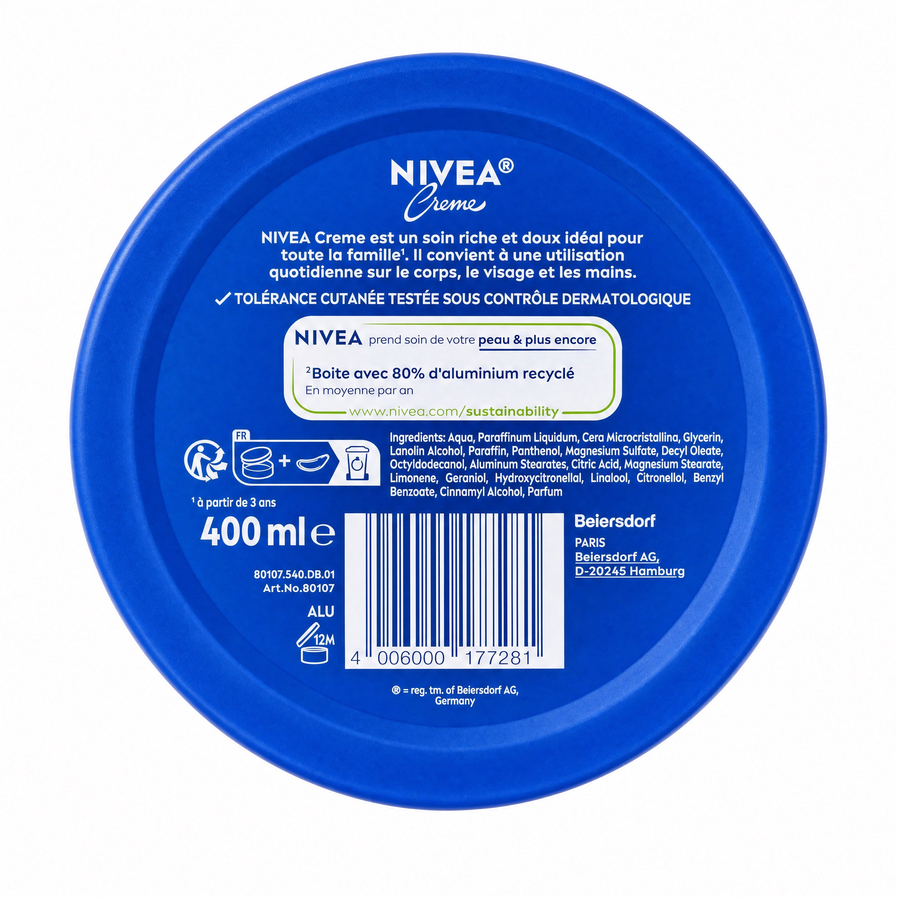 NIVEA Creme Original 400ml – Back Label Ingredients and Barcode