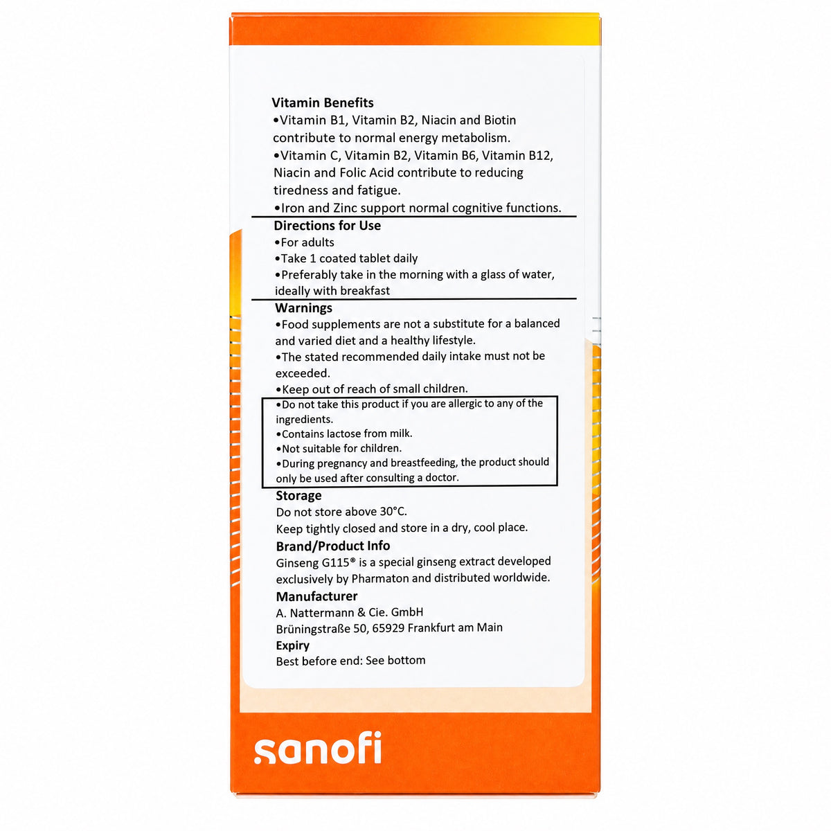 Pharmaton Vitality Ginseng G115 100 Tablets - Directions and Warnings