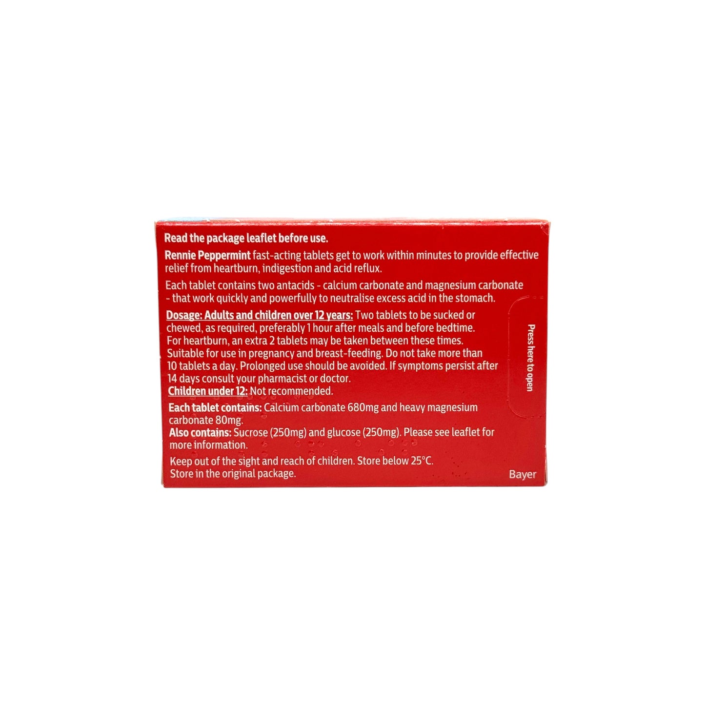 Rennie Peppermint chewable tablets – back of pack with usage info