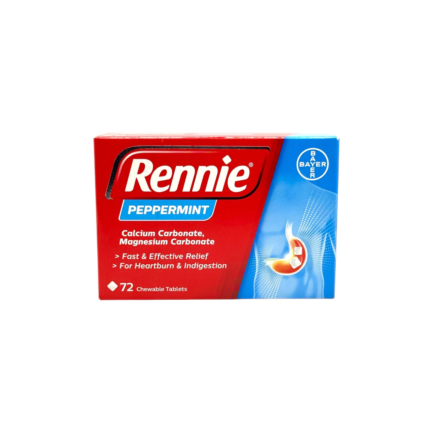 Rennie Peppermint 72 Chewable Tablets box – Bayer, front view