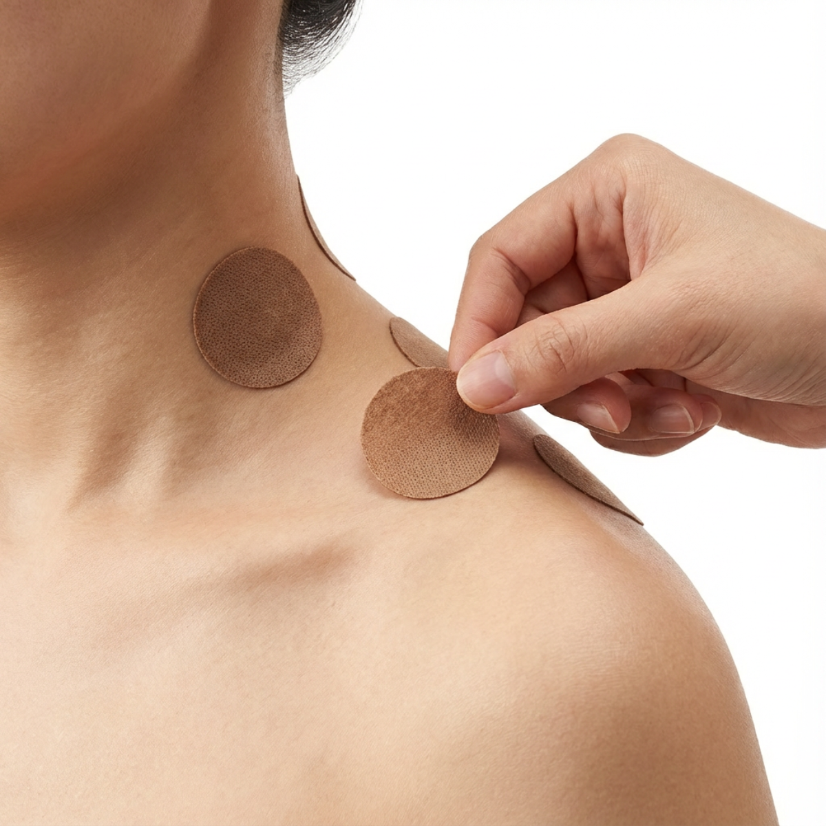 Roihi-Tsuboko heating pain relief plasters applied on neck and shoulder