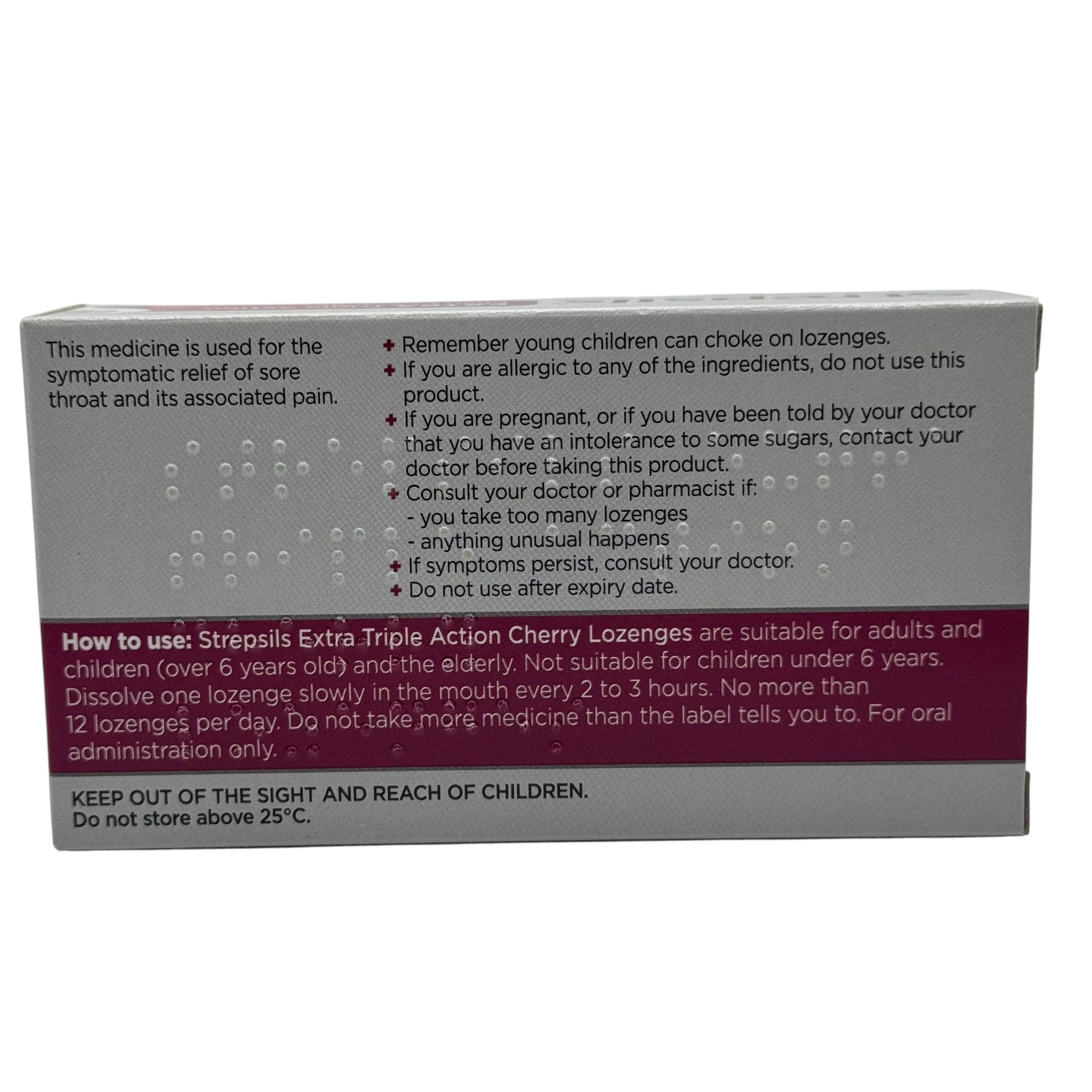 Strepsils Extra Triple Action Cherry Lozenges 24s back packaging – directions and ingredients