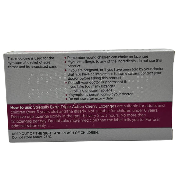 Strepsils Extra Triple Action Cherry Lozenges 24s back packaging – directions and ingredients