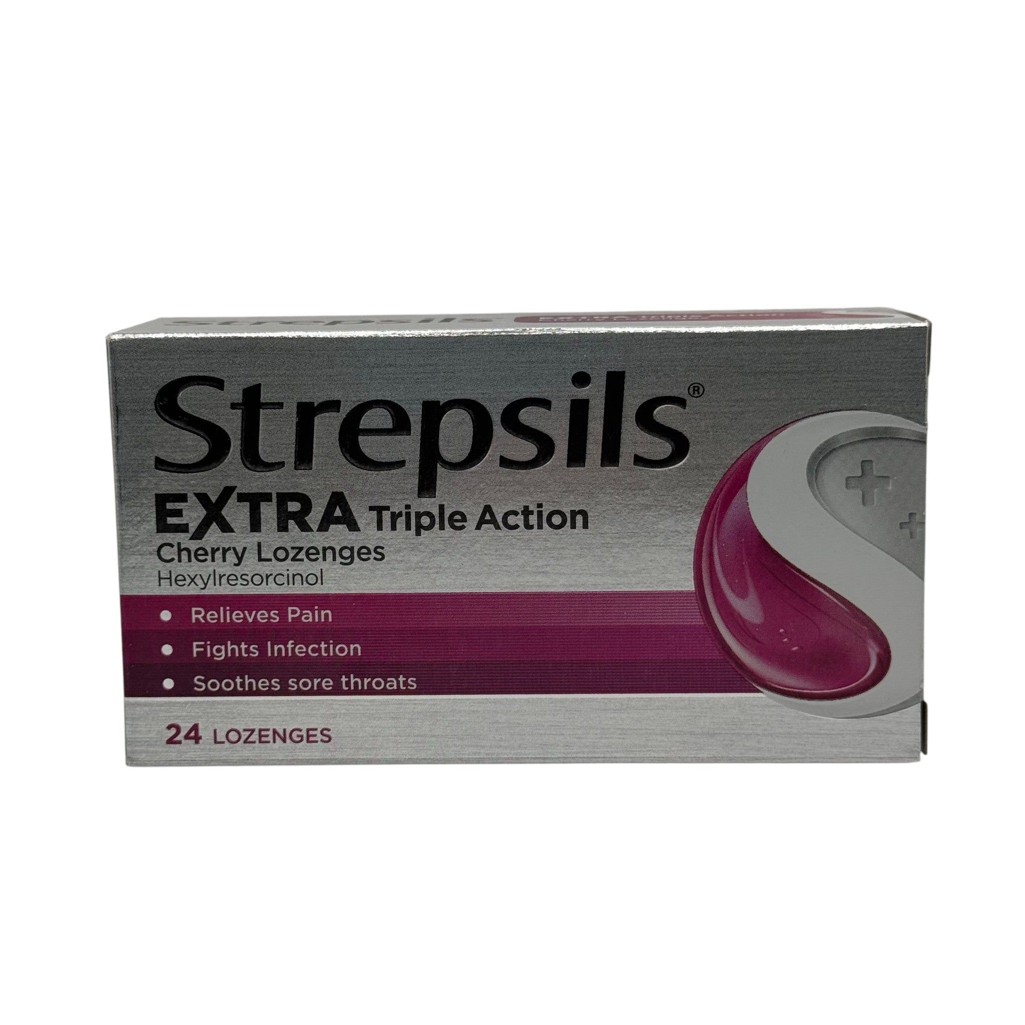 Strepsils Extra Triple Action Cherry Lozenges 24s front packaging – throat comfort lozenges